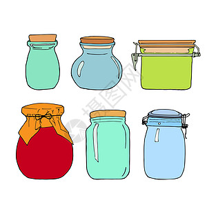彩色手绘罐子套装 轮廓素描 卡通厨房 ob插图空白液体蜂蜜草图绘画标签装罐剪贴贮存图片