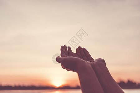 女人手放在一起 就像在大自然的绿色背景面前祷告一样天空女性佛教徒上帝精神日落祝福生长宗教手指图片