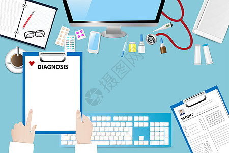 病人诊断概念 vecto展示工具办公室科学诊所药片杯子桌面医生键盘图片