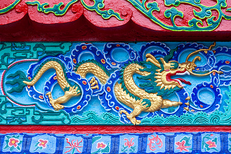 中国纹饰龙光多彩的拜萨在寺庙里松脱背景