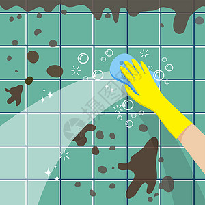 用黄色橡胶手套握住海绵的手的矢量 用于清洁清洁服务公司的脏瓷砖墙设计图片