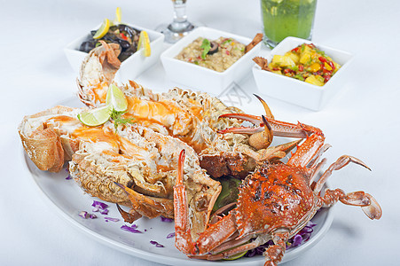 海食蟹和龙虾白色甲壳贝类粉色螃蟹餐厅游泳红色挖掘机沙拉图片