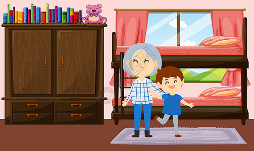 男孩儿在家和外婆玩耍孩子插图女士乐趣孙子祖母家庭绘画青年童年图片