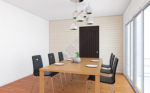 现代餐厅的角落白色墙壁木地板圆桌和黑色椅子  3d 渲染图片