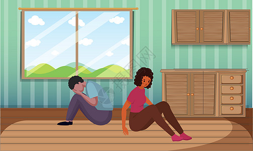 一对夫妇在家里互相争斗后 坐在地上坐着乐趣女士拥抱手指姿势夫妻女孩男人日落公园图片