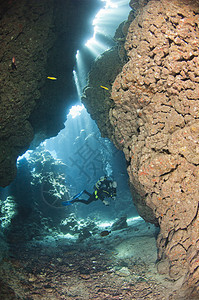 水下洞穴中的潜水员阳光勘探通道风景珊瑚礁娱乐太阳光运动框架海洋图片