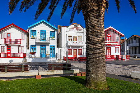 在葡萄牙阿维罗的科斯塔诺瓦街上阳台新星房子渔村蓝色目的地条纹街道窗户木头图片