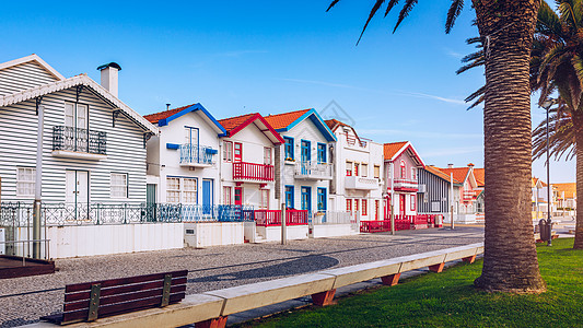 在葡萄牙阿维罗的科斯塔诺瓦街上建筑学海滩城市新星房子目的地木头花坛蓝色景观图片