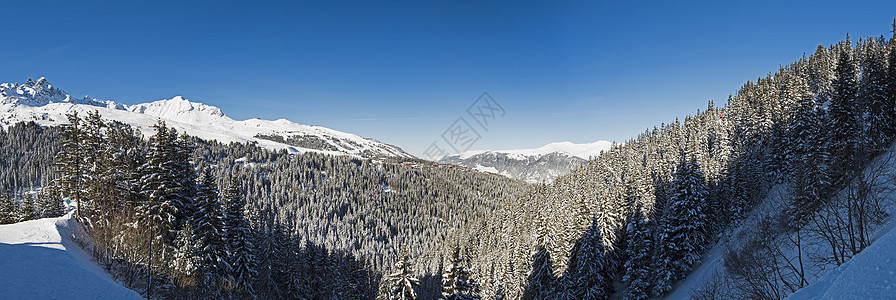 高山山脉下雪覆盖山谷的风景全景天空针叶树树干高山旅行远景针叶树木森林季节图片