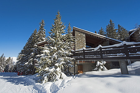 阿尔卑斯山滑雪胜地 有公寓和雪树蓝色爬坡道树木建筑学森林假期旅行酒店全景天空图片