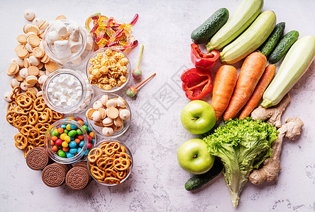 健康或不健康食品最高视线营养水果饮食重量筹码糖果肥胖棉花沙拉暴饮暴食图片