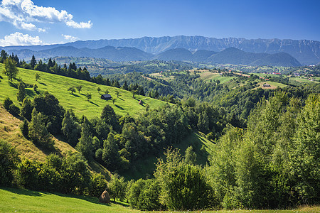 夏季高山特兰西瓦尼亚地标 绿地景观梦境仙境村庄天空爬坡国家荒野房子农业蓝色图片