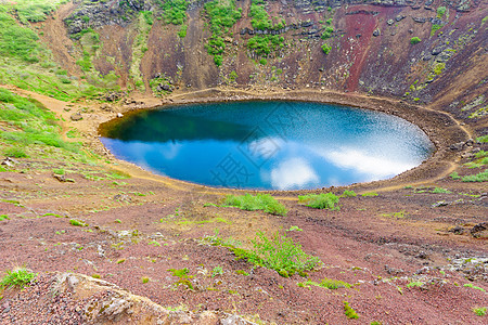 火山冰川湖 Kerid风景火山口绿色岩石旅游旅行天空圆形地质学地标图片