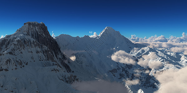 计算机生成了3D插图 在云层上分布着山地全景旅游游客渲染探索季节地形天线天气环境高山图片