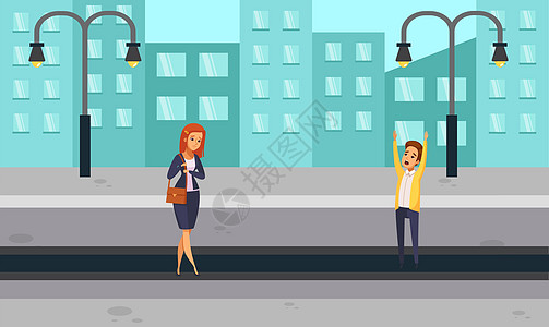 男孩正在打电话给他的女朋友 他站在路上的女友男人技术插图讲话女士工作室男朋友太阳男性手机图片