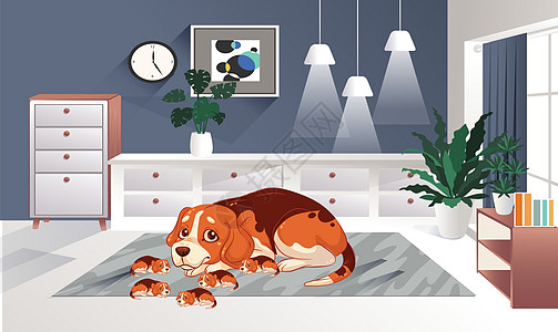 家养狗和他的家人在客厅里快乐男生插图闲暇小狗地毯公寓宠物男人墙纸图片