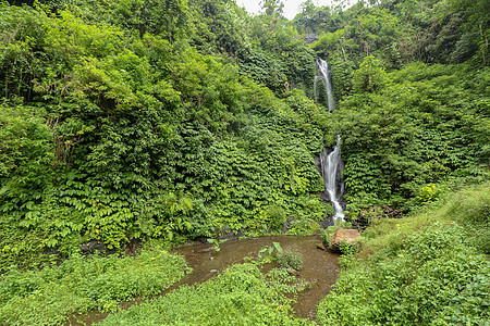 美丽的山林雨林瀑布 加上快速流水运动热带旅游丛林公园风景晴天岩石环境溪流图片