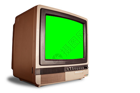 白色背景与剪切路径隔开的空白绿屏幕旧旧回溯式家电视接收器侧边视图图片