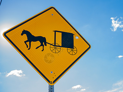 兰开斯特县阿米什传统马匹和臭马路牌照片运输马车黄色线路太阳耀斑宗教土地电力蓝色图片
