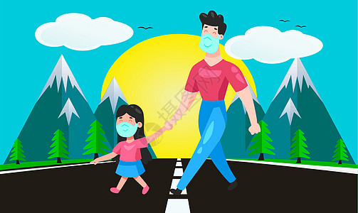 男人和她女儿一起过马路穿越教育插图男生学校女士城市安全运动人行道图片