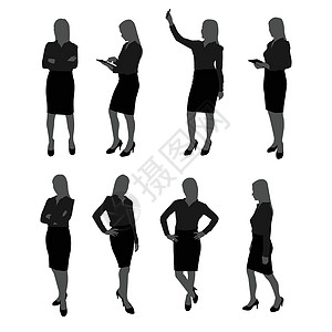 向量集的站女商务人士剪影 有不同动作的女商务人士 例如使用手机摆姿势与桌子一起工作图片