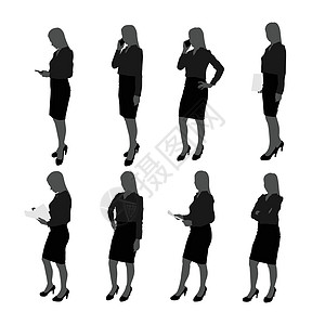 向量集的站女商务人士剪影 具有不同动作的女商务人士 例如使用手机摆姿势处理文档 fil图片
