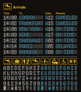 逼真的 LED 数字板机场模板 矢量 3D 白色和蓝色 LED 数字字体 在深色背景 eps 上带有字母和数字 黄色机场信息标志图片
