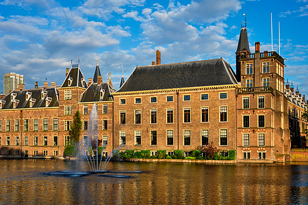 Hofvijver湖和Binnenhof 海牙博物馆房子天鹅美术建筑建筑学联盟荷卢地标喷泉图片