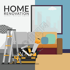 家庭装修承包商的概念 装修前和装修后房间的矢量插图图片