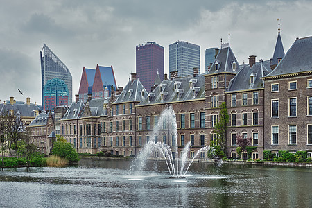 Hofvijver湖和Binnenhof 海牙天空景观议会反射城堡房子联盟风景天鹅旅游图片