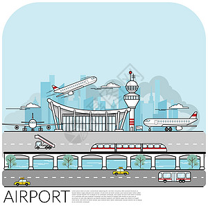 繁忙机场航站楼的简单矢量图解 飞机起飞着陆和停车 包括机场周围的交通 旅行概念平面设计 EPS10 矢量图图片