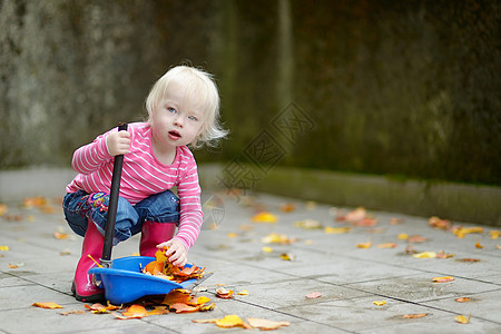 可爱的小女孩秋天擦干叶院子雨鞋收成环境帮助享受孩子快乐工作植物学图片