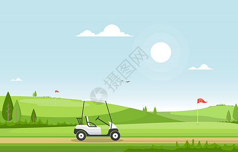 高尔夫球场旗车草树户外运动景观场景丘陵卡通片高尔夫球城市游戏插图植物闲暇草地图片