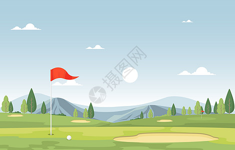 高尔夫球场旗绿草树户外运动景观旗帜活动场景高尔夫球地面土地爬坡风景公园场地图片