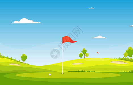 高尔夫球场旗绿草树户外运动景观假期活动课程闲暇插图游戏爬坡场景高尔夫球蓝色图片
