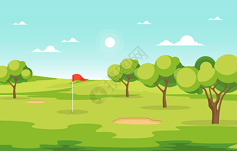 高尔夫球场旗绿草树户外运动景观草地闲暇卡通片场地场景高尔夫球天空俱乐部爬坡球座图片