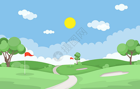 高尔夫球场旗绿草树户外运动景观假期插图蓝色活动俱乐部高尔夫球球座卡通片天空公园背景图片