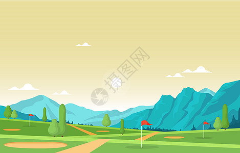 高尔夫球场旗绿草树户外运动景观地面公园丘陵场景土地爬坡蓝色掩体课程高尔夫球图片