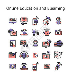 在线教育和电子学习填充轮廓图标集图片