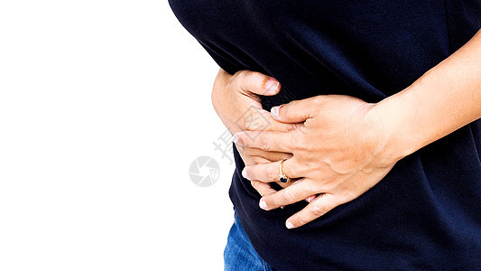 患有急性腹腹部疼痛的亚裔妇女慢性胃痛图片