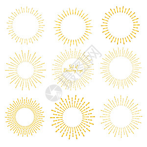 白色背景下孤立的金色森伯斯特风格集爆裂射线矢量图解潮人横幅日出标签框架耀斑阳光绘画收藏太阳图片