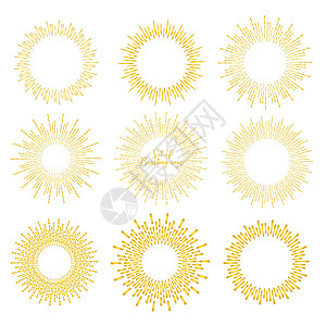 白色背景下孤立的金色森伯斯特风格集爆裂射线矢量图解框架墙纸横幅插图收藏耀斑标签光束日出潮人图片