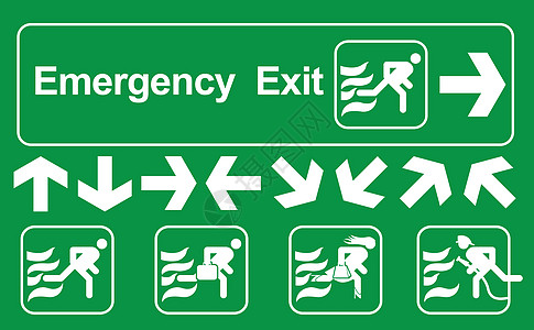 白色逃生路线标志矢量图上的一组紧急出口标志绿色紧急出口标志图片