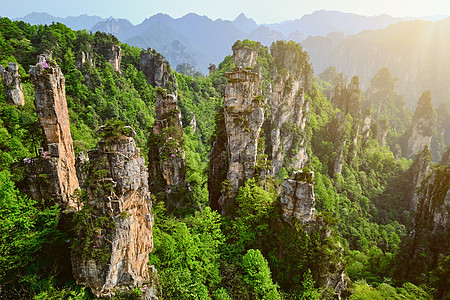 中国张家江山森林悬崖柱子山脉地标岩石化身旅游游客日落图片