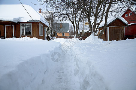 雪轨到小屋门天气乡村降雪栏杆窗户树木季节反射阳光场景图片