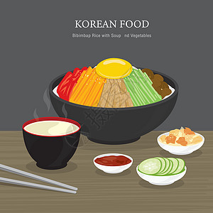 一套传统韩国食品石锅拌饭配汤和蔬菜沙拉 它制作图案卡通矢量图片