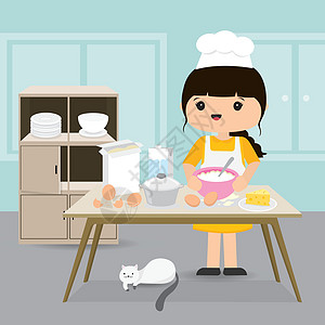 女人在家里的厨房里做面包店 Vecto图片