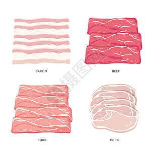 一套猪肉和牛肉生片和肉牛排隔离在白色背景上 它制作图案卡通矢量图片