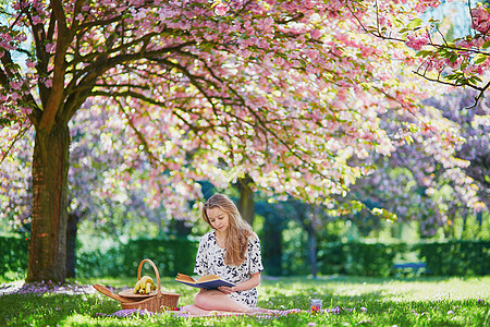 在盛开的春天公园 美丽的年轻女子女士季节成人女孩樱花小吃花粉野餐阅读长发图片