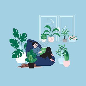 一个住在家里的女孩在窗边看书 坐在豆袋椅上 满屋子是植物的房间里图片